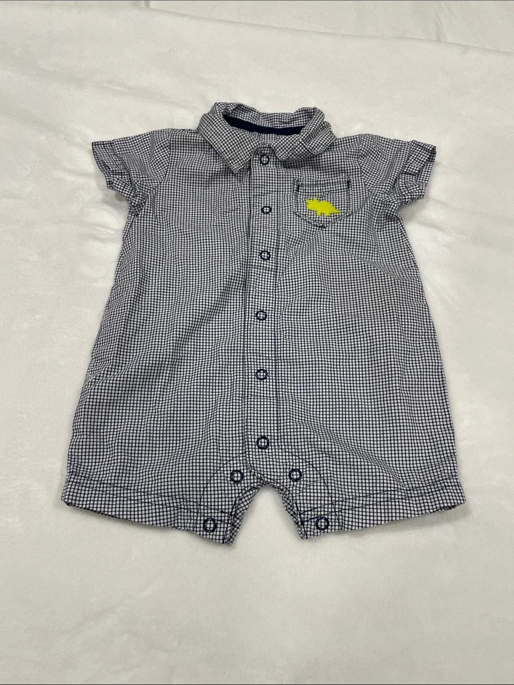 Navy and White Gingham Short Sleeve Romper with Yellow Dino Accent